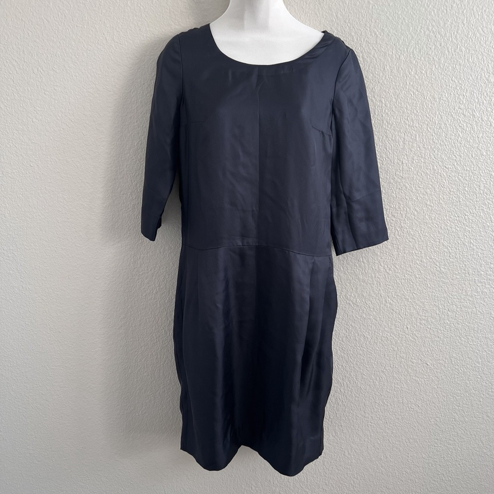 COS Womens Dress Size 36 Small 4 Shift Midi Pleated Minimalist Navy 3/4 Sleeve
